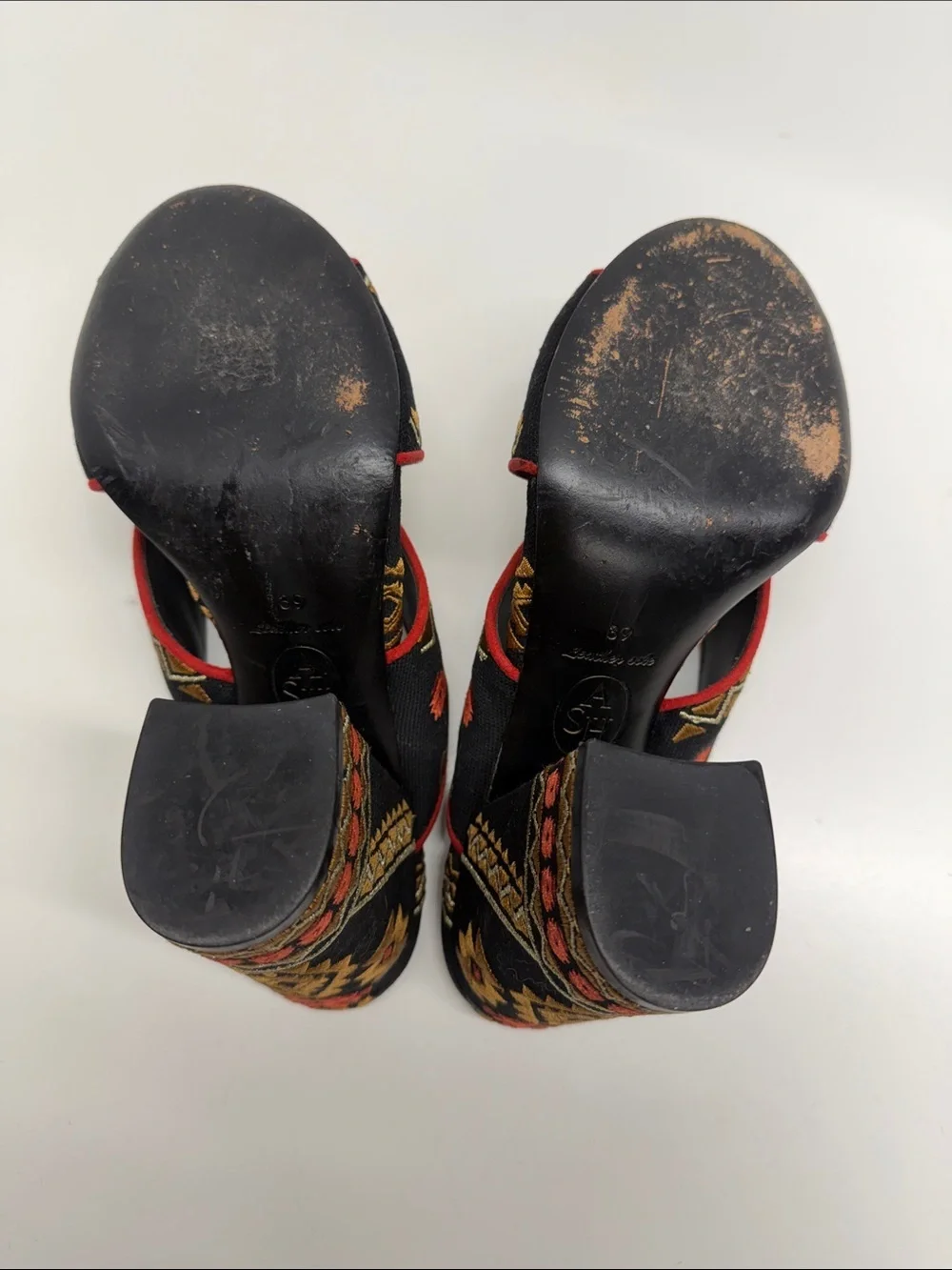 Ash Adel Mule Sandals High Heel Shoes Open Toe Geometric Embroidered Black 9
